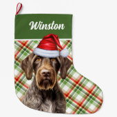 Cute Wirehaired Pointer Dog Red Green Plaid Custom Grote Kerstsok (Voorkant)