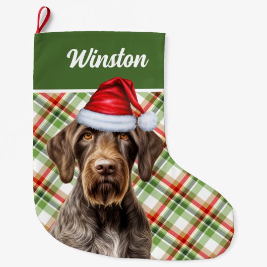 Cute Wirehaired Pointer Dog Red Green Plaid Custom Grote Kerstsok (Voorkant)