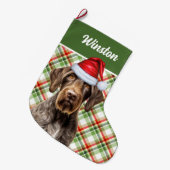 Cute Wirehaired Pointer Dog Red Green Plaid Custom Grote Kerstsok (Voorkant (Hangend))