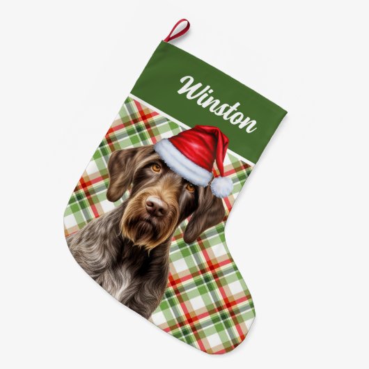 Cute Wirehaired Pointer Dog Red Green Plaid Custom Grote Kerstsok (Voorkant (Hangend))
