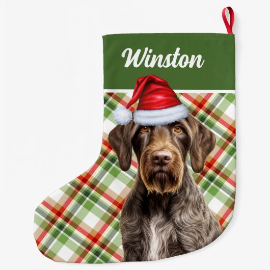 Cute Wirehaired Pointer Dog Red Green Plaid Custom Grote Kerstsok (Achterkant)