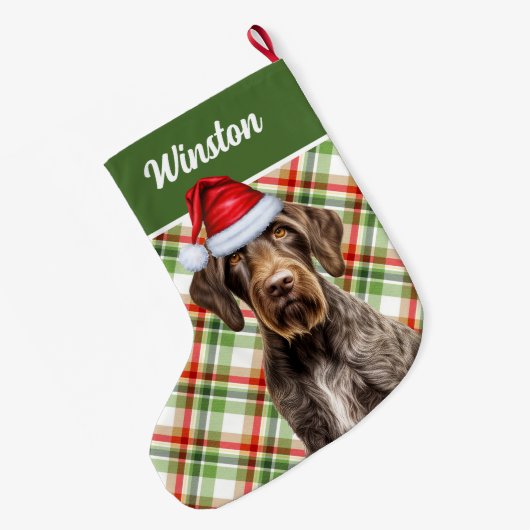 Cute Wirehaired Pointer Dog Red Green Plaid Custom Grote Kerstsok (Achterkant (Hangend))