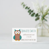 Cute Wise Brown Blue Cartoon Owl Bird Animal Visitekaartje (Staand voorkant)