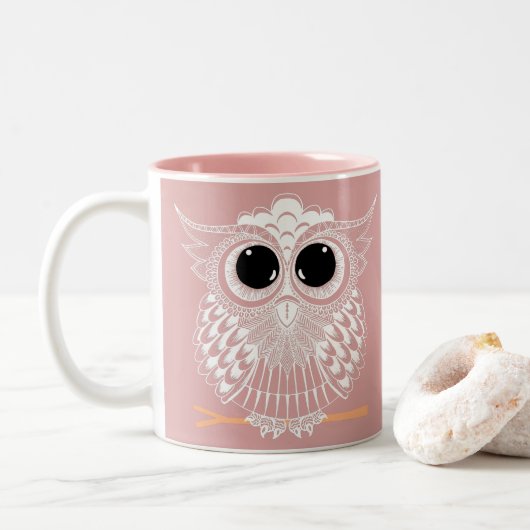 Cute Wise Owl Manadala Doodle Henna Pattern Tweekleurige Koffiemok (Met donut)