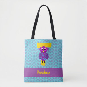 Cute & Wise Paars & Aqua Owl & Stars Monogrammed Tote Bag