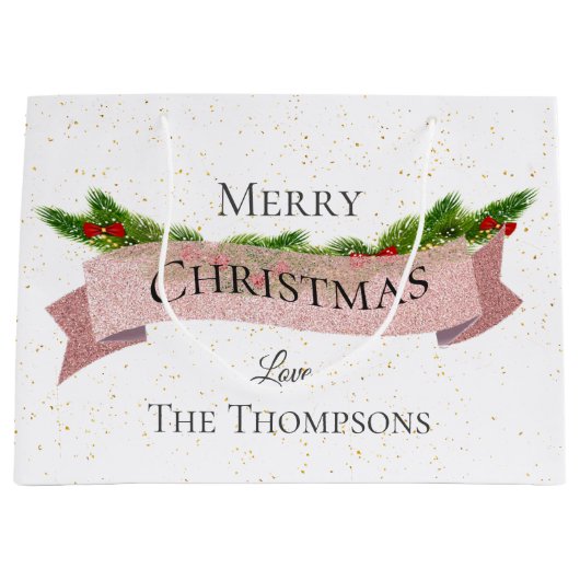 Cute | wit | Faux Pink Glitter | Vrolijk kerstfees Groot Cadeauzakje (Voorkant)