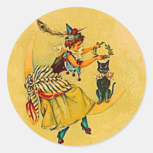 Cute Witch 0n Moon Ronde Sticker