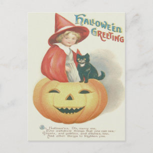 Cute Witch Black Cat Jack O Lantern Briefkaart