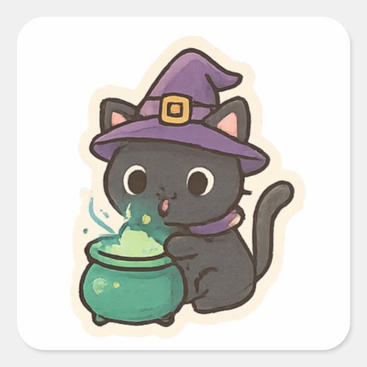 Cute Witch Cat Brewing Potion – Kawaii Halloween Vierkante Sticker (Voorkant)