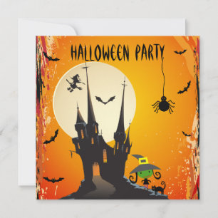 Cute Witch, Cat & Castle Halloween Party nodigt ui Kaart