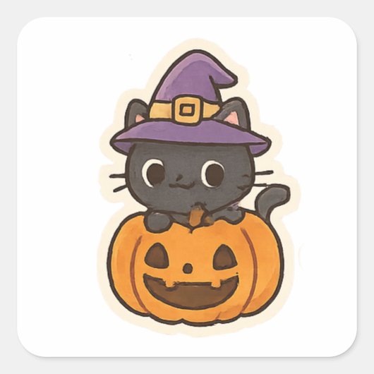Cute Witch Cat in PumpkinKawaii Halloween Vierkante Sticker (Voorkant)