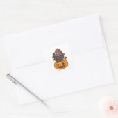 Cute Witch Cat in PumpkinKawaii Halloween Vierkante Sticker (Envelop)