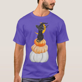 Cute Witch Cat op pompoen met Moon Behind Hwe T-shirt