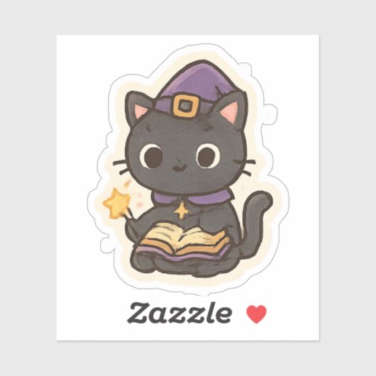 Cute Witch Cat Reading a Book – Kawaii Halloween Sticker (Vel)