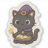 Cute Witch Cat Reading a Book – Kawaii Halloween Sticker (Voorkant)