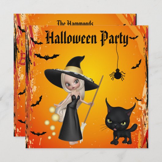 Cute Witch, Cat & Spider Halloween Party nodigt ui Kaart (Voorkant / Achterkant)