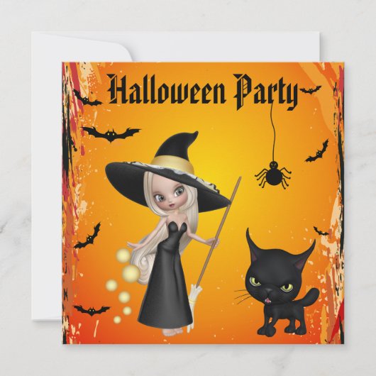 Cute Witch, Cat & Spider Halloween Party nodigt ui Kaart (Voorkant)