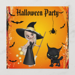 Cute Witch, Cat & Spider Halloween Party nodigt ui Kaart