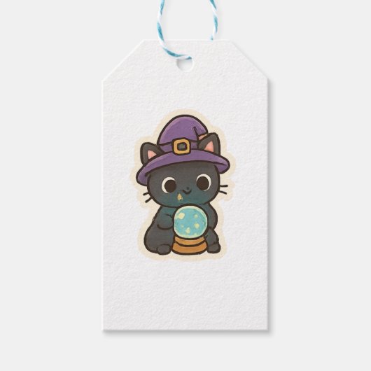 Cute Witch Cat with Crystal Ball Kawaii Cadeaulabel (Voorkant)