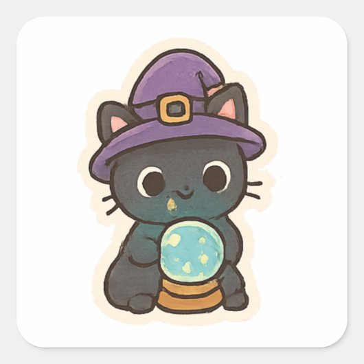 Cute Witch Cat with Crystal Ball Kawaii Vierkante Sticker (Voorkant)