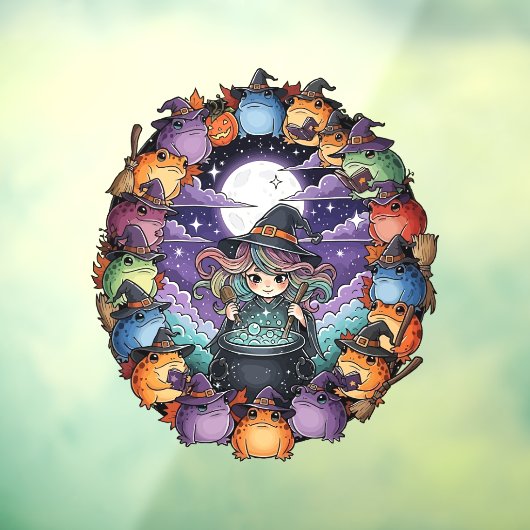 Cute Witch Creating Magical Moments With Toads Raamsticker (Vel 3)