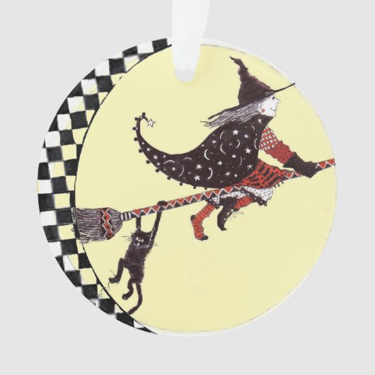 Cute Witch en Cat on Broom Ornament (voorkant)