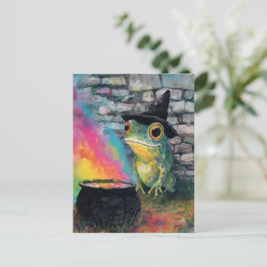 Cute witch frog doing a rainbow spell briefkaart (Staand voorkant)