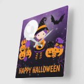 Cute Witch Girl and Pumpkins Happy Halloween Vierkante Klok (Hoek)