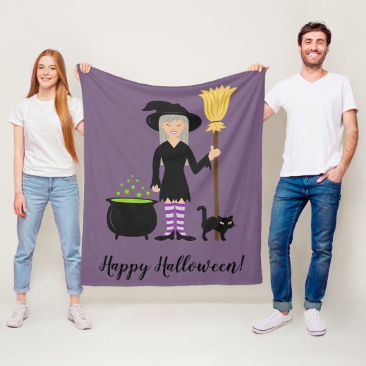 Cute Witch Girl en Cat Happy Halloween Text Fleece Deken (In situ)