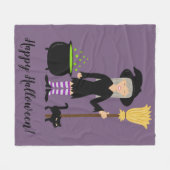 Cute Witch Girl en Cat Happy Halloween Text Fleece Deken (Voorkant (Horizontaal))