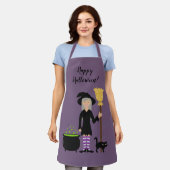 Cute Witch Girl en Cat & Happy Halloween Text Schort (Gedragen)