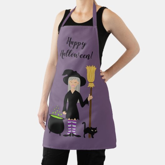 Cute Witch Girl en Cat & Happy Halloween Text Schort (Insitu)