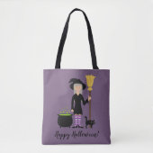 Cute Witch Girl en Cat Happy Halloween Text Tote Bag (Voorkant)