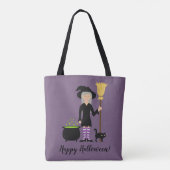 Cute Witch Girl en Cat Happy Halloween Text Tote Bag (Achterkant)