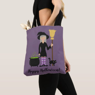 Cute Witch Girl en Cat Happy Halloween Text Tote Bag