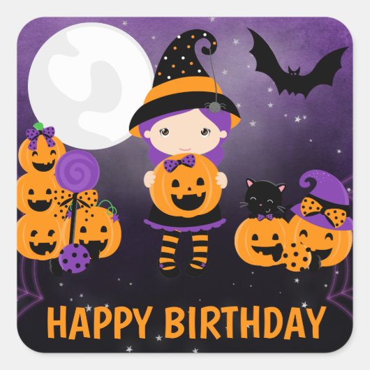 Cute Witch Girl en Pumpkins Happy Birthday Vierkante Sticker (Voorkant)