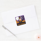 Cute Witch Girl en Pumpkins Happy Birthday Vierkante Sticker (Envelop)