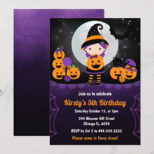 Cute Witch Girl en Pumpkins Kids Birthday Party Kaart