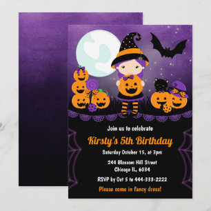 Cute Witch Girl en Pumpkins Kids Birthday Party Kaart