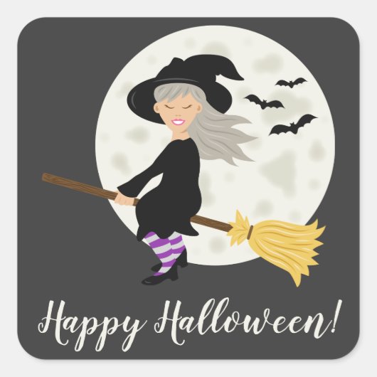 Cute Witch Girl Flying & Happy Halloween Text Vierkante Sticker (Voorkant)