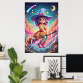 Cute Witch Girl Flying on Broom | Kawaii Fantasy  Poster (Thuiskantoor)