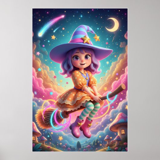 Cute Witch Girl Flying on Broom | Kawaii Fantasy  Poster (Voorkant)