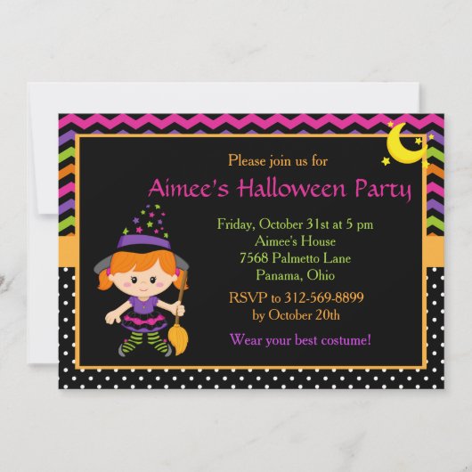 Cute Witch Girl Halloween Party Kaart (Voorkant)