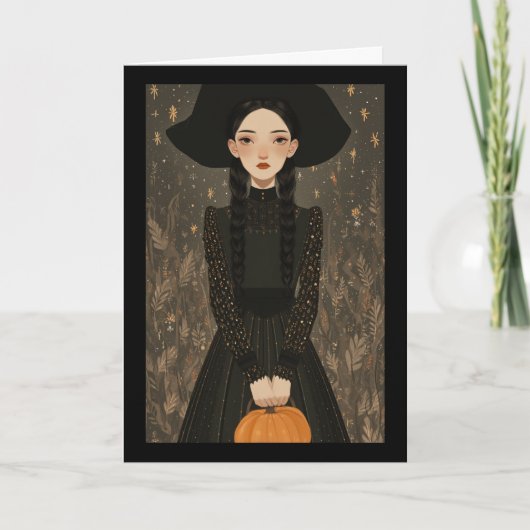 Cute Witch Girl Hat & Pumpkin Kids Halloween Kaart (Voorkant)