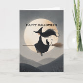 Cute Witch Girl her Broom & Cat Kids Halloween Kaart (Voorkant)