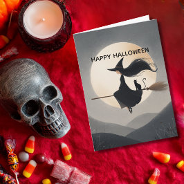 Cute Witch Girl her Broom & Cat Kids Halloween Kaart