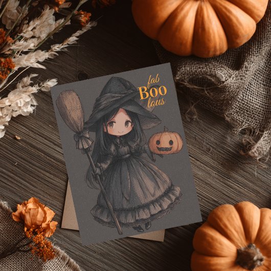 Cute Witch Girl her Broom & Pumpkin Kids Halloween Briefkaart