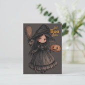 Cute Witch Girl her Broom & Pumpkin Kids Halloween Briefkaart (Staand voorkant)