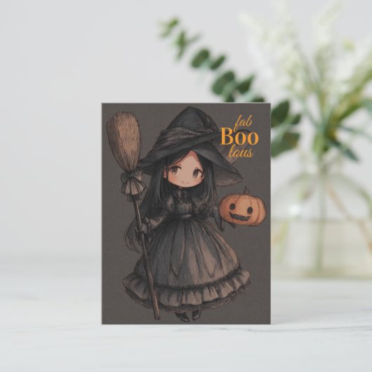 Cute Witch Girl her Broom & Pumpkin Kids Halloween Briefkaart (Staand voorkant)