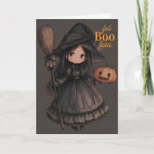 Cute Witch Girl her Broom & Pumpkin Kids Halloween Kaart (Voorkant)
